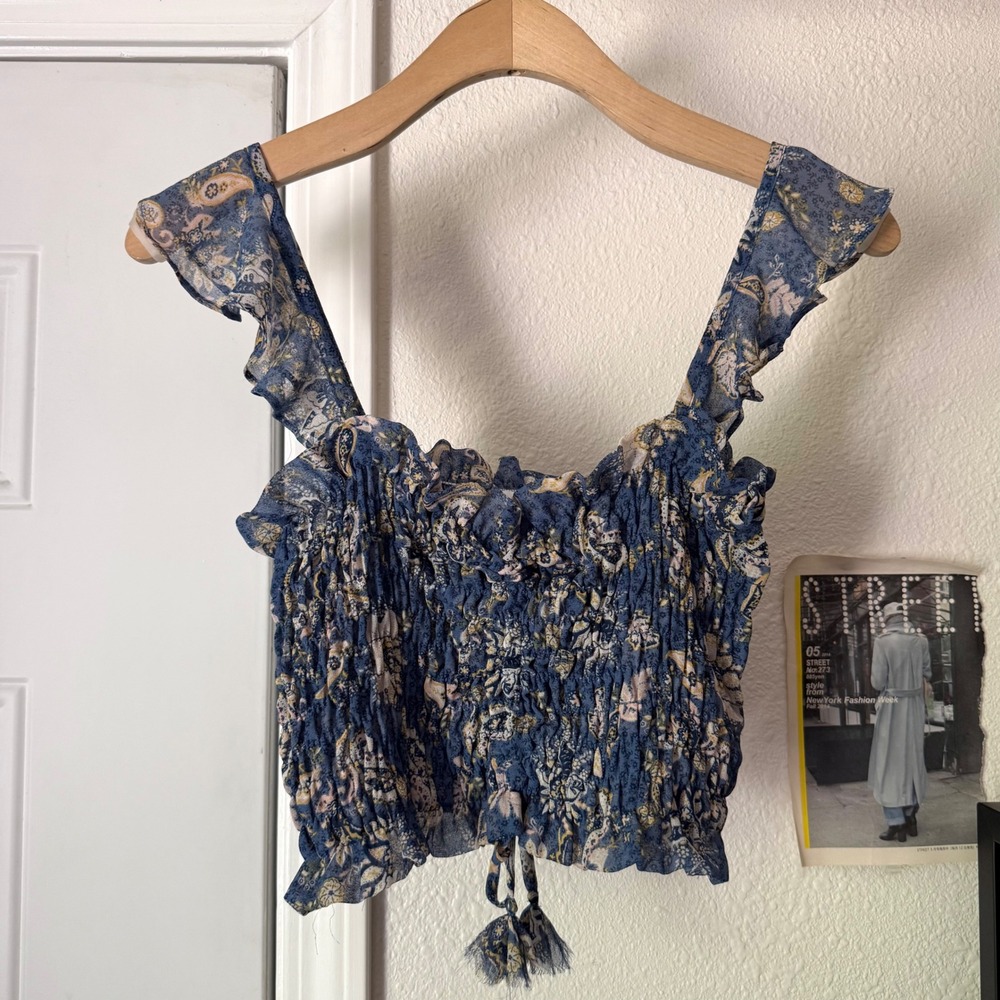 MISA blue sheer chiffon floral smocked tie cropped ruffle tank top